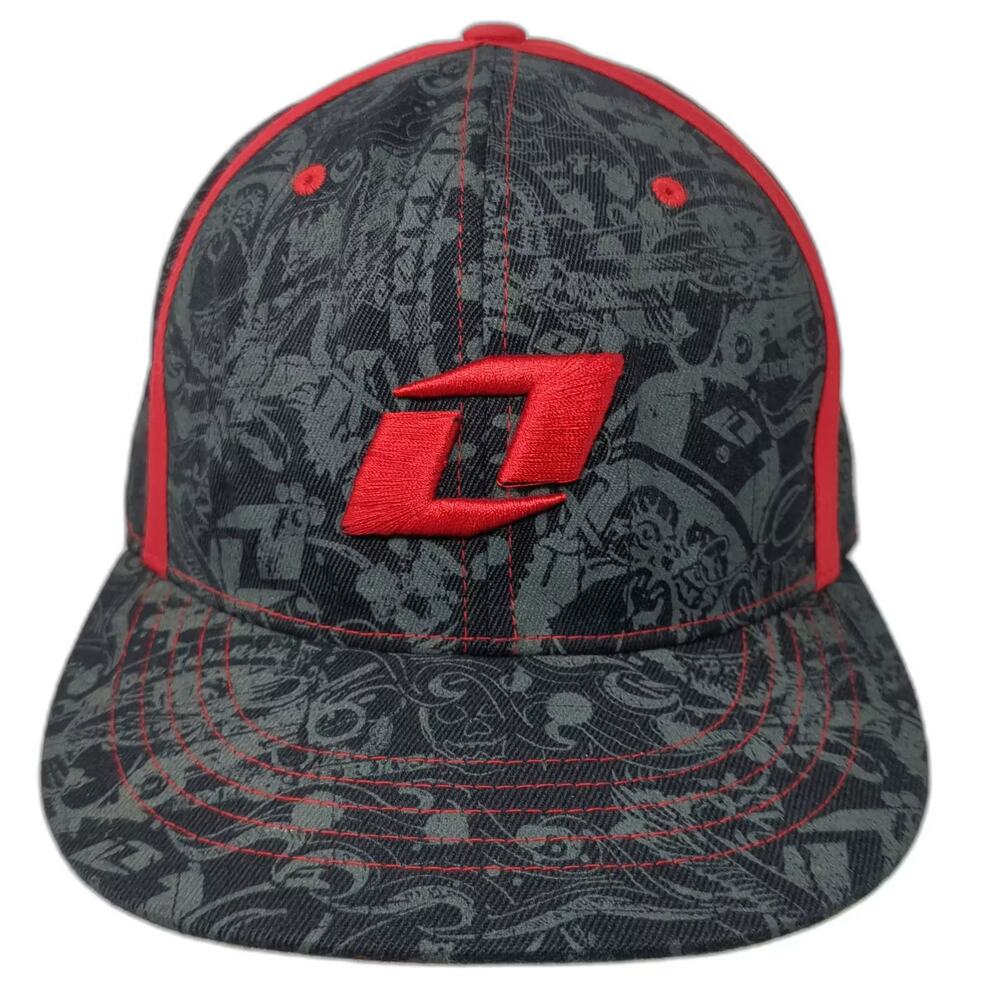 One Industries Baseball Cap Black Red All Over Print Flexfit Hat Size M Stretch
